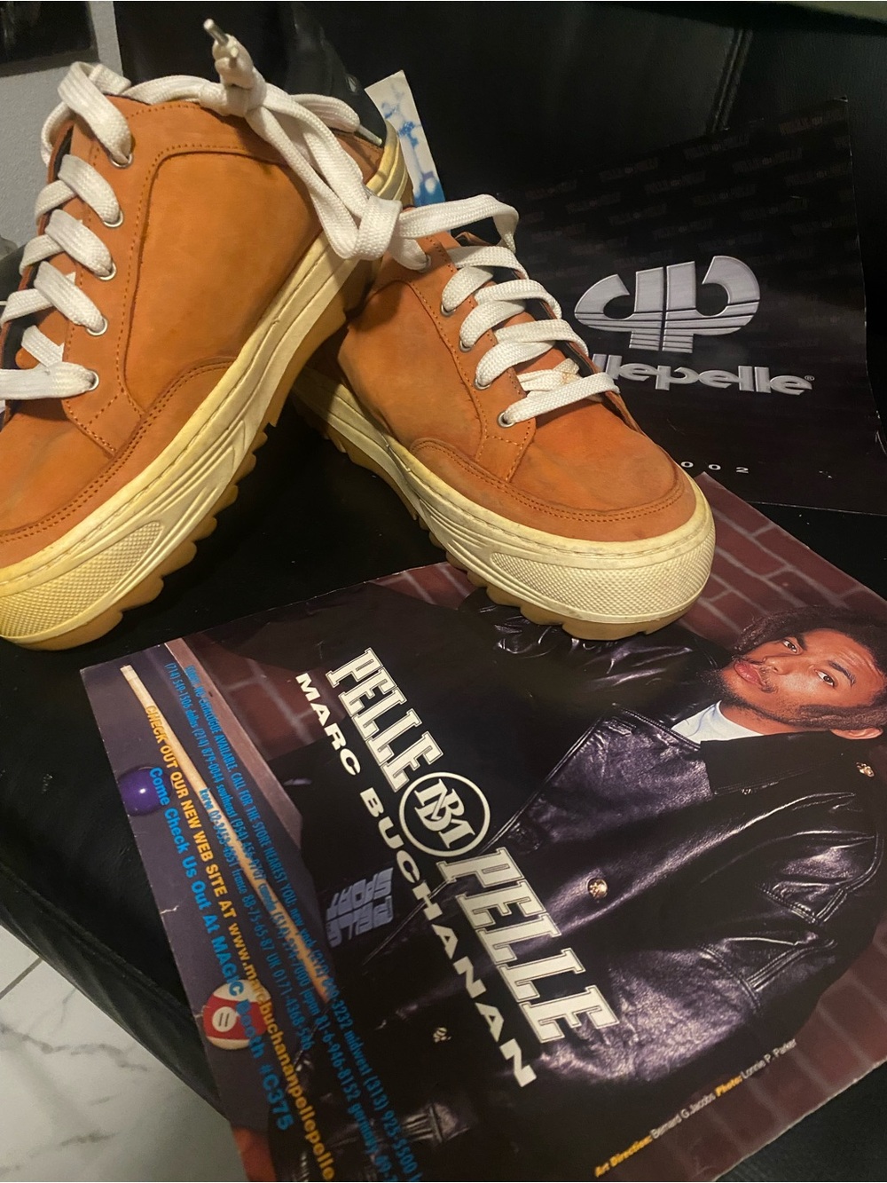 Pelle Pelle Men's Orange-Tan Leather Low-Top Sneakers with White Laces